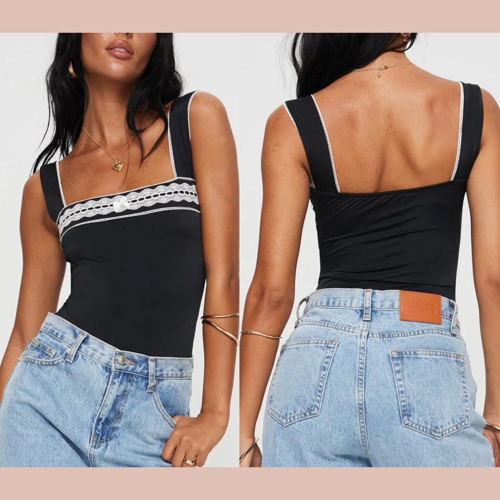 NWD $49‎ Princess Polly [ 4 US ] Square Neck Lace Keating Bodysuit Black #6996 - Picture 2 of 13